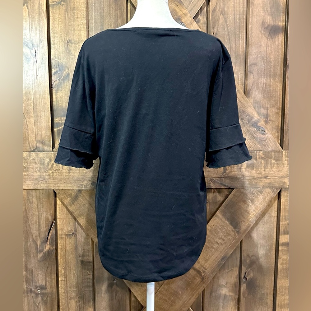 EUC Amaryllis Black Ruffle Sleeve Floral Embroidered Top Sz L - Picture 4 of 16